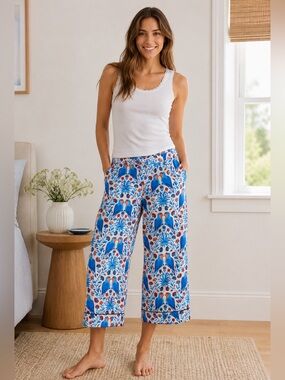 (S) Printfresh Cropped Organic Cotton Pajama Pants Love Birds Small White Blue
